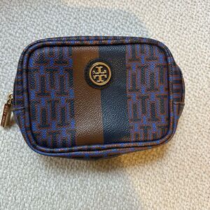 Tory Burch Cosmetic Bag Brown Blue Leather T Logo Print Small Gold Zipper Preppy